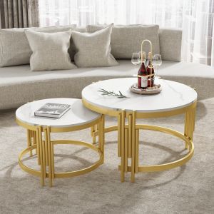 Mesa de centro empilhável mármore branco dourado 44x71,5x71,5cm