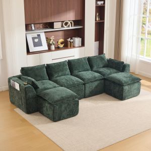Sofá modular em chenille verde 4 lugares com pufes e bolsos laterais