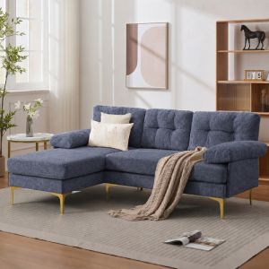 Sofá de canto em l reversível em chenille azul 3 lugares