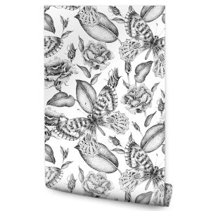 Papel de parede borboletas flores folhas preto e branco para sala
