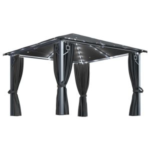 Gazebo c/ cortinas e cordões luzes LED 3x3 m alumínio antracite