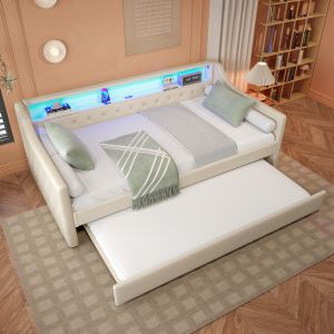 Cama de dia 90x200cm com arrumação LED e cama auxiliar linho – bege