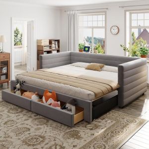Sofá-cama extensível 90/180x190 cm, gavetas e estrado de ripas, cinza