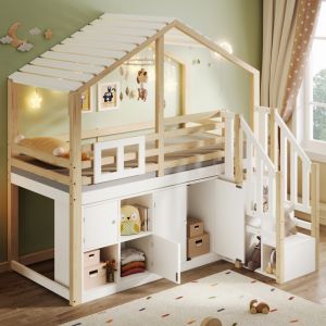 Cama alta 90x200cm com casinha e arrumação em madeira branco
