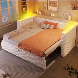 Sofá cama extensível em veludo bege 90x200 cm com LED