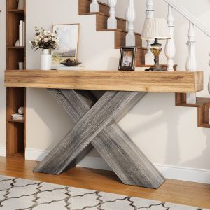 Mesa consola estreita com estrutura em x natural 80x140x30cm