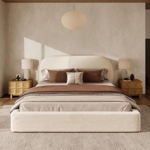Cama casal estofada 180x200cm com estrado, cabeceira acolchoada bege