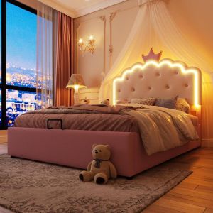 Cama de princesa com arrumação hidráulica LED 140x200cm rosa