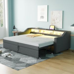 Sofá-cama ninho 90x200cm extensível 180cm, LED usb, cinzento escuro