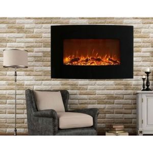 Lareira elétrica mural curva preta 2000w, chama LED, aquecimento, comando