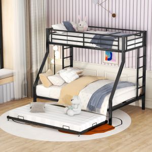 Beliche metálico 90x200cm com cama auxiliar e escadas metal cor preto