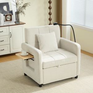 Poltrona cama reclinável em chenille bege 1 lugar com arrumação