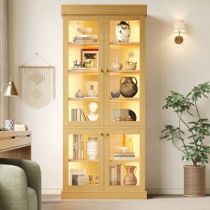 Vitrina alta com LED e prateleiras madeira natural 180x80x40cm