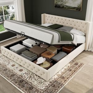 Cama de casal com arrumação hidráulica, 160x200cm, cor bege