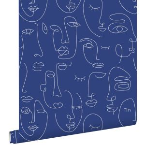 Estahome papel de parede rostos de arte de linha azul cobalto 50 x 900 cm