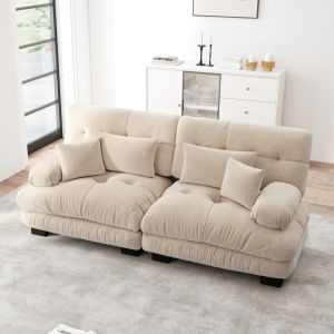 Sofá modular em chenille castanho claro 2 lugares com almofadas