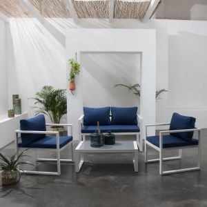 Ibiza mobiliário de jardim em tecido azul 4 lugares - alumínio branco