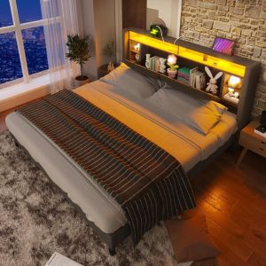 Cama casal 140x200cm com cabeceira usb LED arrumacao cinza