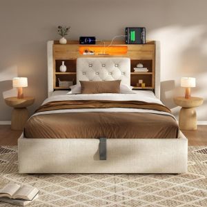 Cama 90x200cm linho com LED usb-c e arrumação bege