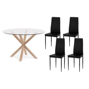 Conjunto mesa redonda em vidro temperado 120cm + 4 cadeiras couro