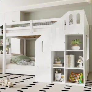 Beliche infantil 90x200cm com arrumação escada madeira – branco