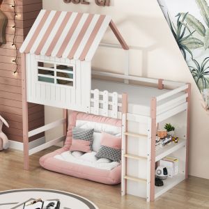 Cama infantil 90x200cm com arrumação madeira maciça – rosa