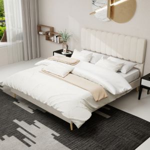 Cama estofada 160x200cm com cabeceira acolchoada tecido e metal – bege