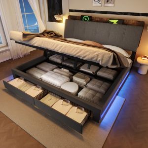 Cama estofada 180x200cm com arrumação e LED linho cinzento