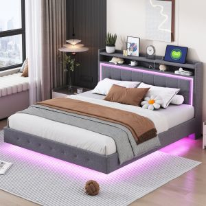 Cama estofada 160x200cm com usb e LED estrutura oculta tecido cinzento