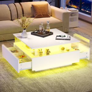 Mesa de centro com LED 2 gavetas branco 41x70x70cm