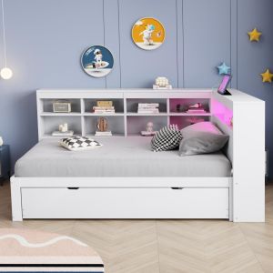 Cama sofá 90x200cm com cama de gavetão 90x190cm, LED e usb, branca