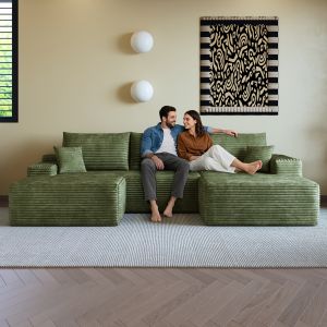 Sofá de canto modular em l tecido canelado verde 3 lugares 270 cm