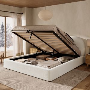Cama de casal 180x200cm com arrumação hidráulica bouclé – bege