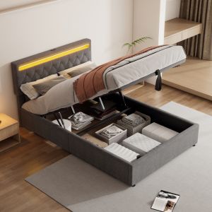Cama estofada 140x200cm com arrumação e LED linho – cinzento
