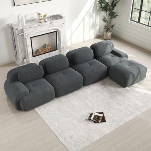 Sofá de canto modular em bombazine cinzento 4 lugares com chaise longue