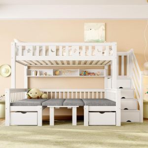 Cama alta infantil 90x200cm com secretária, escada e gaveta branca