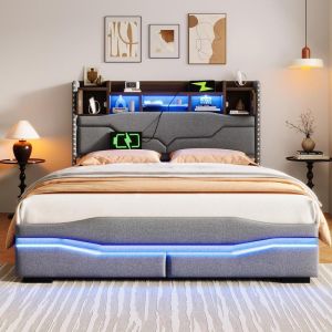 Cama com arrumação hidráulica com LED e usb-c 140x200cm cinzento