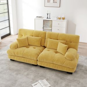 Sofá modular em chenille amarelo 2 lugares com almofadas