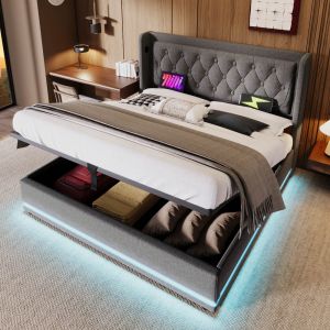 Cama estofada 140x200cm com arrumação LED usb e tipo c veludo cinzento