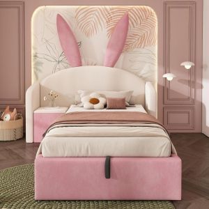 Cama infantil 90x190cm com baú elevável, orelhas de coelho, rosa bege