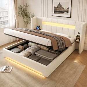 Sofa cama estofado 180x200cm com arrumacao e LED bege