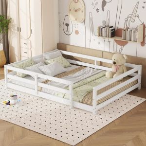 Cama infantil montessori 140x200cm madeira maciça com grade branca
