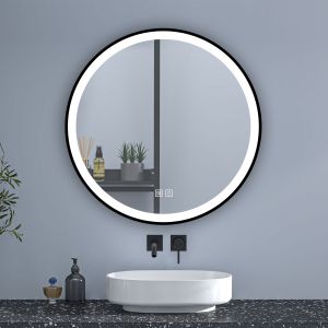 Espelho de banheiro redondo LED 70cm com moldura, brilho ajustável