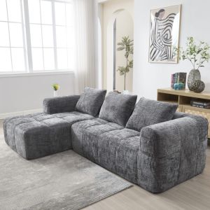 Sofá chaise longue em chenille cinzento 3 lugares com bolsos laterais