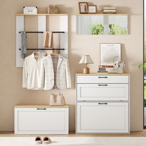 Armário de entrada modular branco e madeira 176x156x36cm
