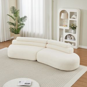 Sofá modular 3 lugares em chenille bege com 2 módulos e 3 almofadas
