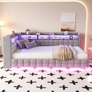 Cama 90x200cm arrumacao LED usb type c hidraulica cinza