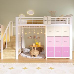 Cama alta 140x200cm em metal com gavetas, roupeiro e escada, branca