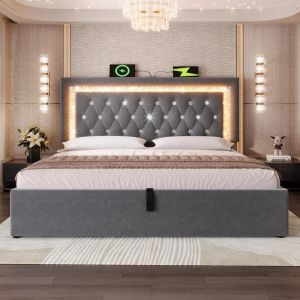 Cama casal 180x200cm com arrumacao hidraulica LED cinza