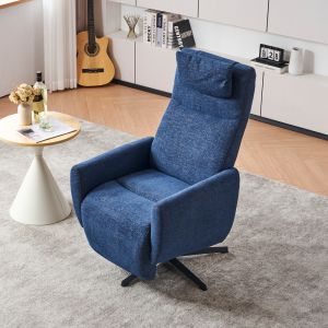 Poltrona relax reclinável giratória em chenille azul com apoio para pés